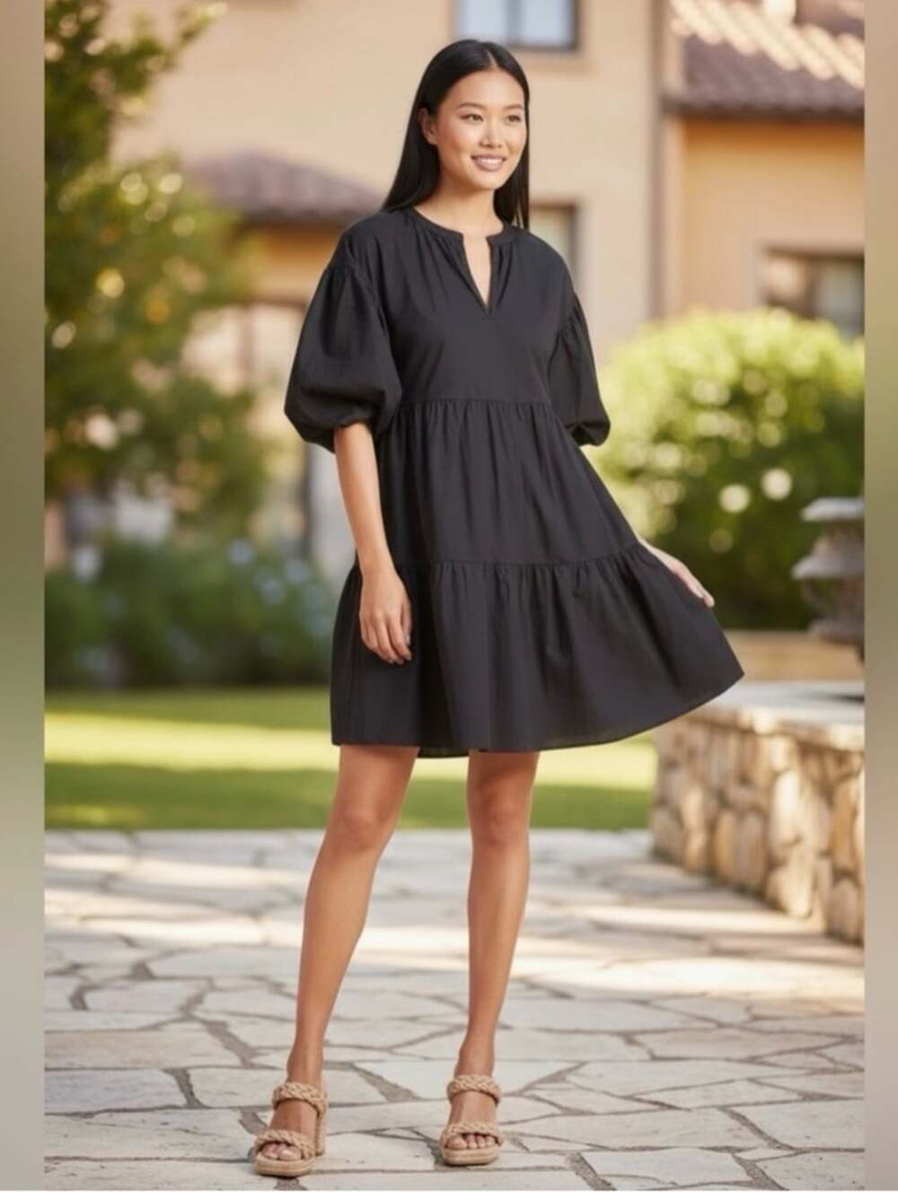 Evereve Sundry Anywhere Tiered Dress Size 1 Small Black Puff Sleeve Preppy